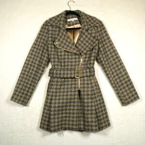 Kenneth Cole New York Grey + Gold Houndstooth Tweed Coat Size S Moto Jacket